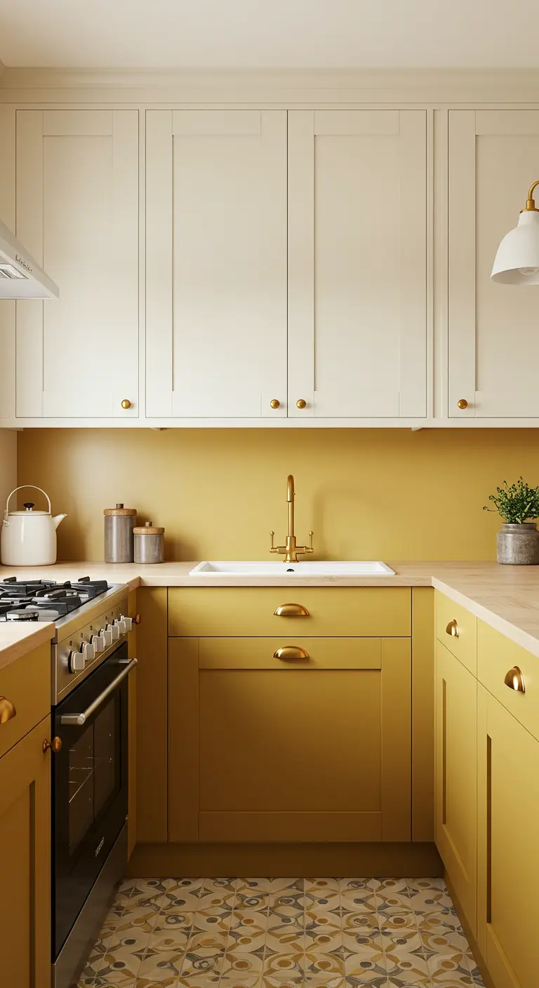 Keuken met mosterdgele onderkasten, crèmekleurige bovenkasten en een vloer met patroontegels.