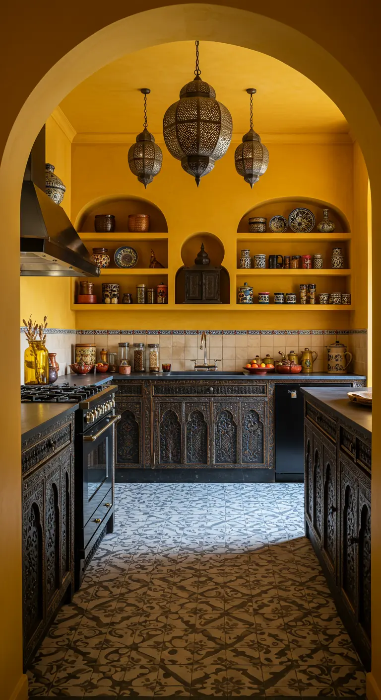 Marokkaans geïnspireerde keuken met mosterdgele muren, donker houtsnijwerk en oosterse lampen.
