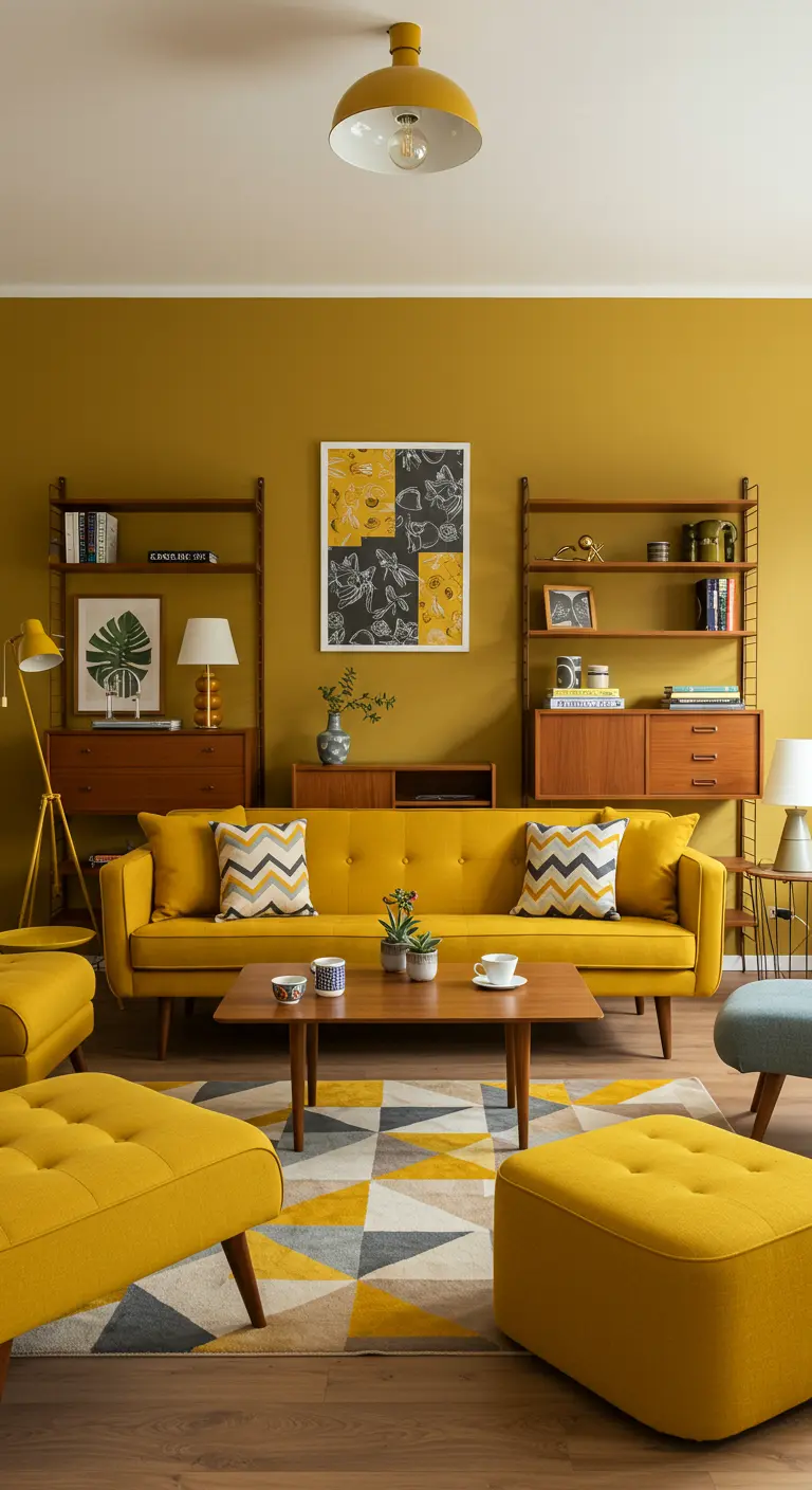 Retro woonkamer met mosterdgele bank, houten meubels en grafisch tapijt.