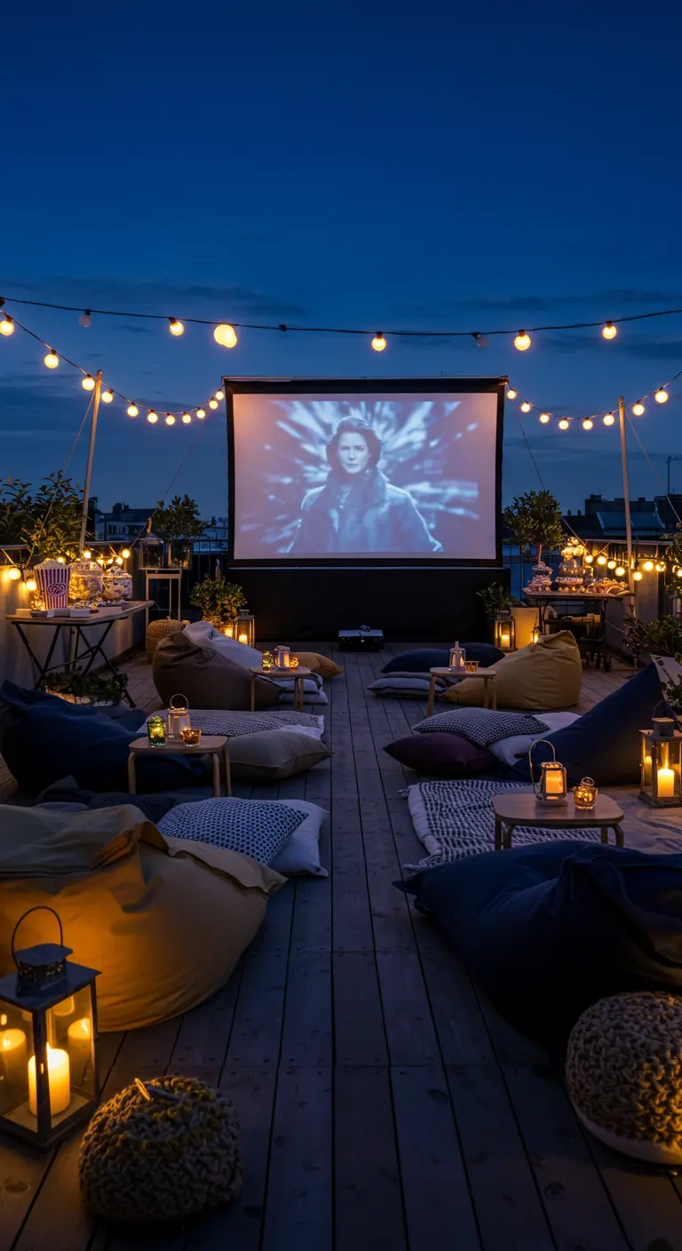 Dakterras filmavond met projectiescherm, zitzakken en lichtslingers.