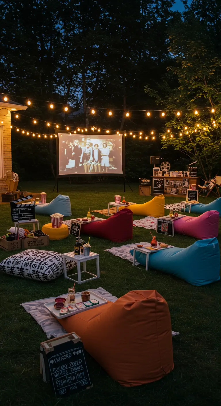 Buitenbioscoop in tuin met projectiescherm, zitzakken, lichtslingers en popcorn.
