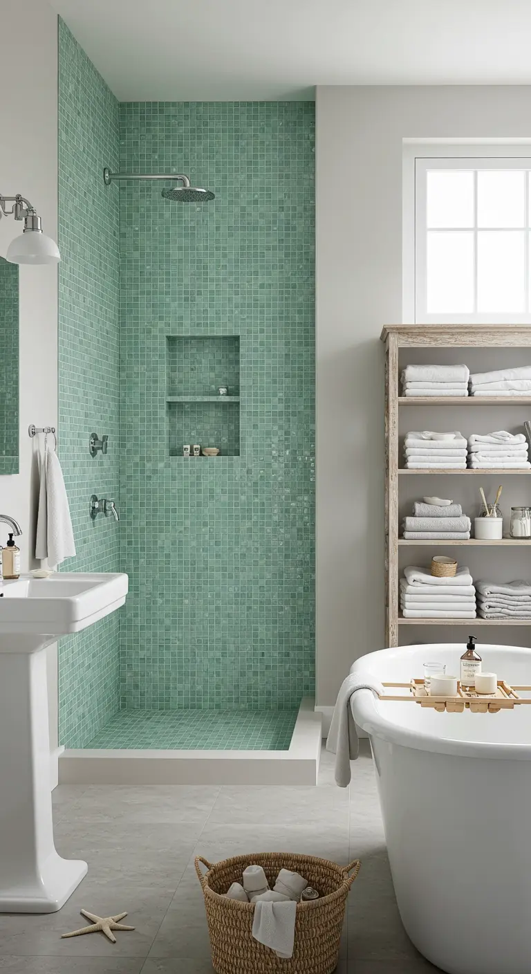 Badkamer met aqua-groene mozaïektegels in de douche en houten stellingkast.