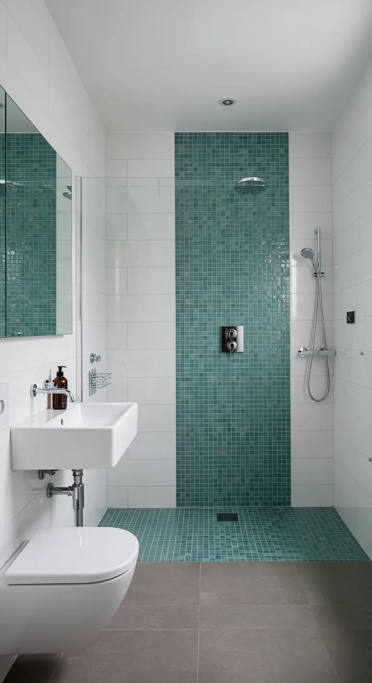 Moderne douche met een accentwand van turkoois mozaïektegels.