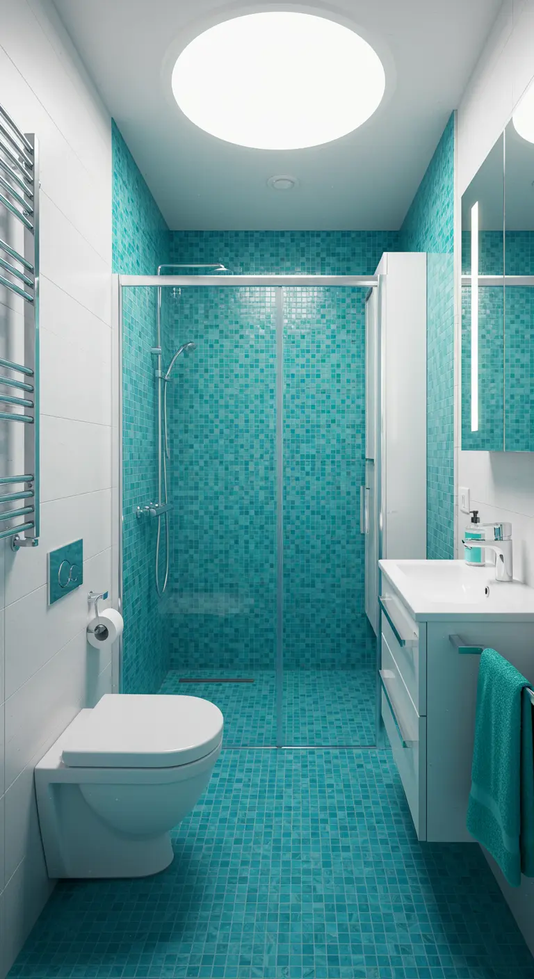 Badkamer met turkoois mozaïektegels in douche en op vloer, witte wanden.