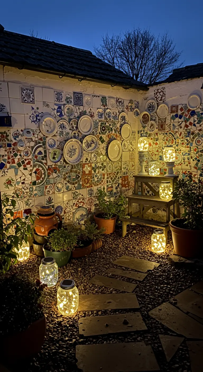 Tuinmuur versierd met mozaïek van tegels en borden, met planten en lichtjes.