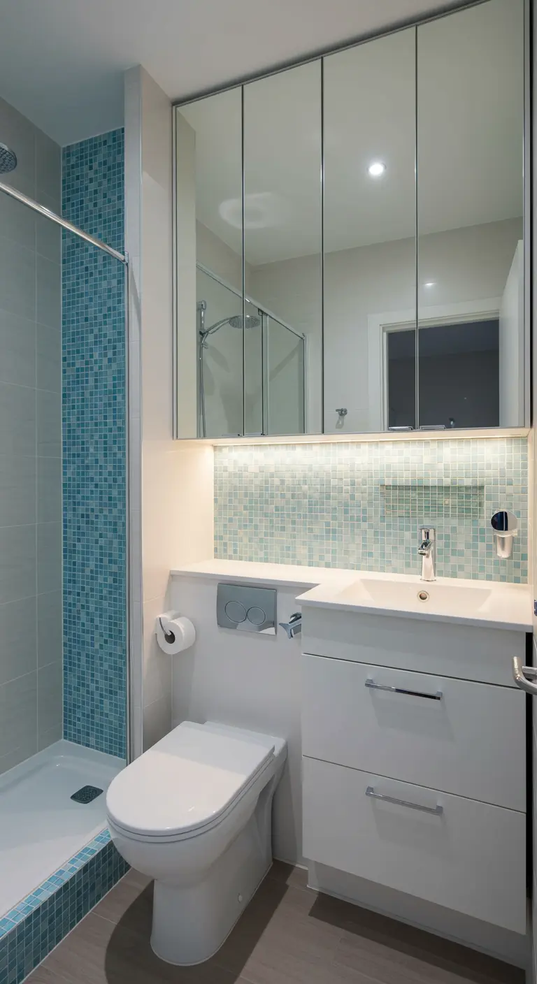 Compacte badkamer met blauwe mozaïektegels en spiegelkast met verlichting.