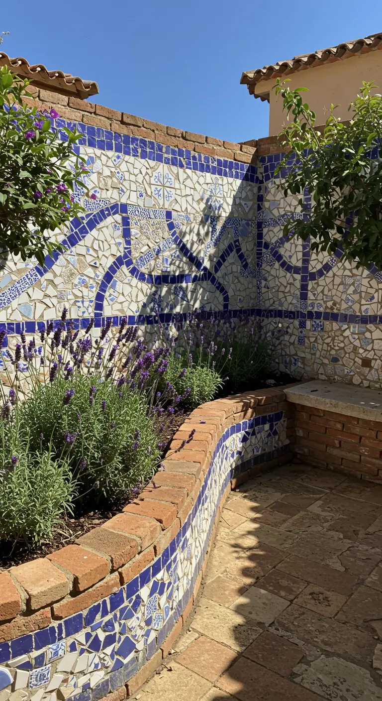 Tuinmuur versierd met mozaïek van gebroken tegels en blauwe patronen, met een verhoogde plantenbak met lavendel.