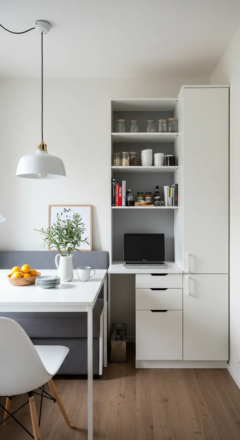 Eethoek met grijze bank, witte tafel en geïntegreerde werkplek met opbergkast.