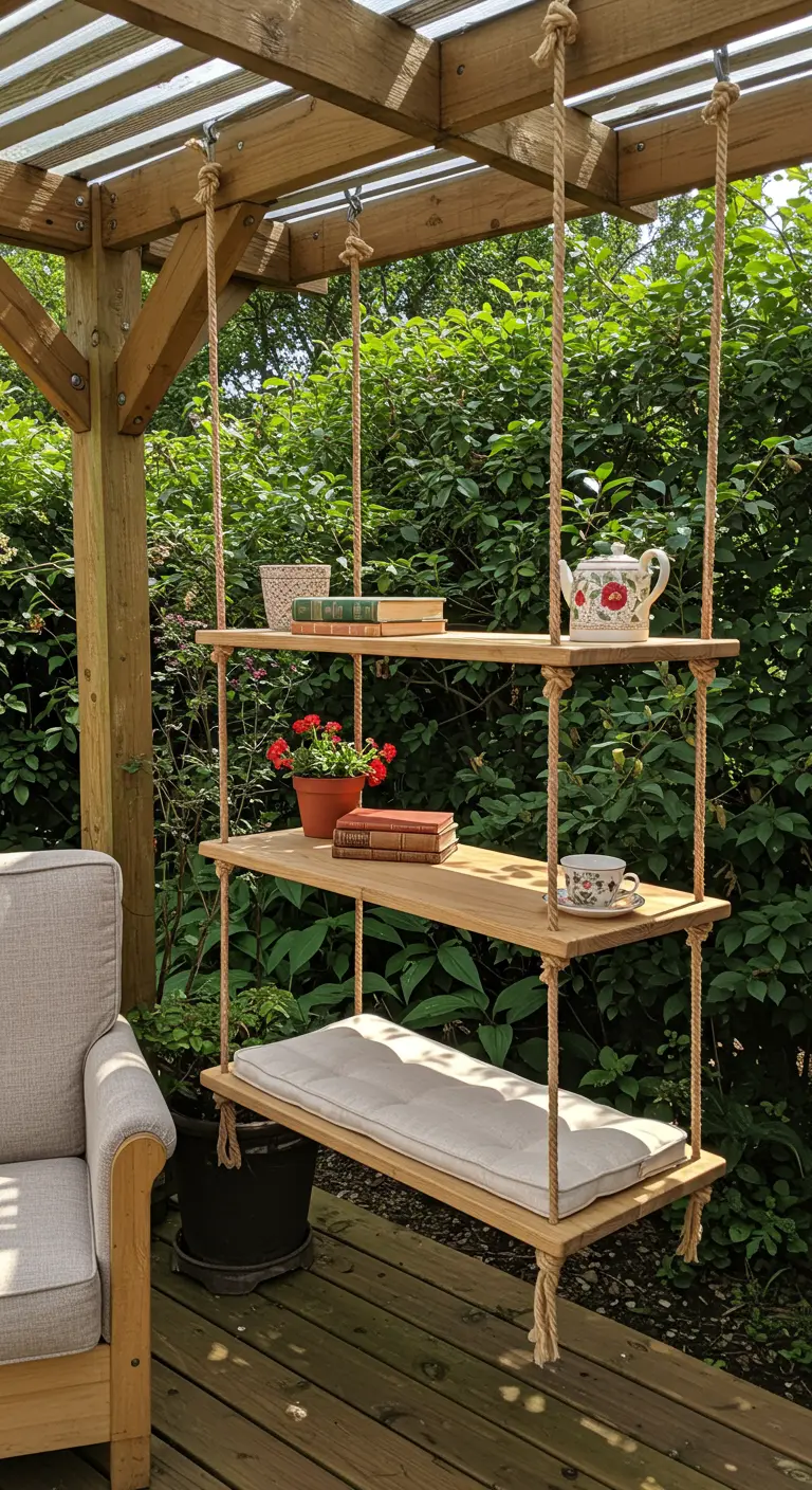 DIY hangende schommelbank met twee extra hangende planken als tafeltjes onder pergola.