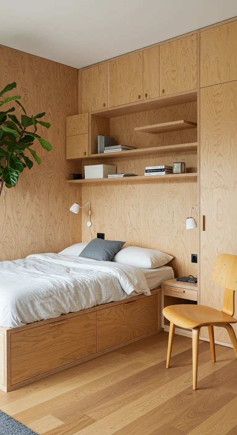 Minimalistische slaapkamer met multiplex muren en ingebouwde meubels.