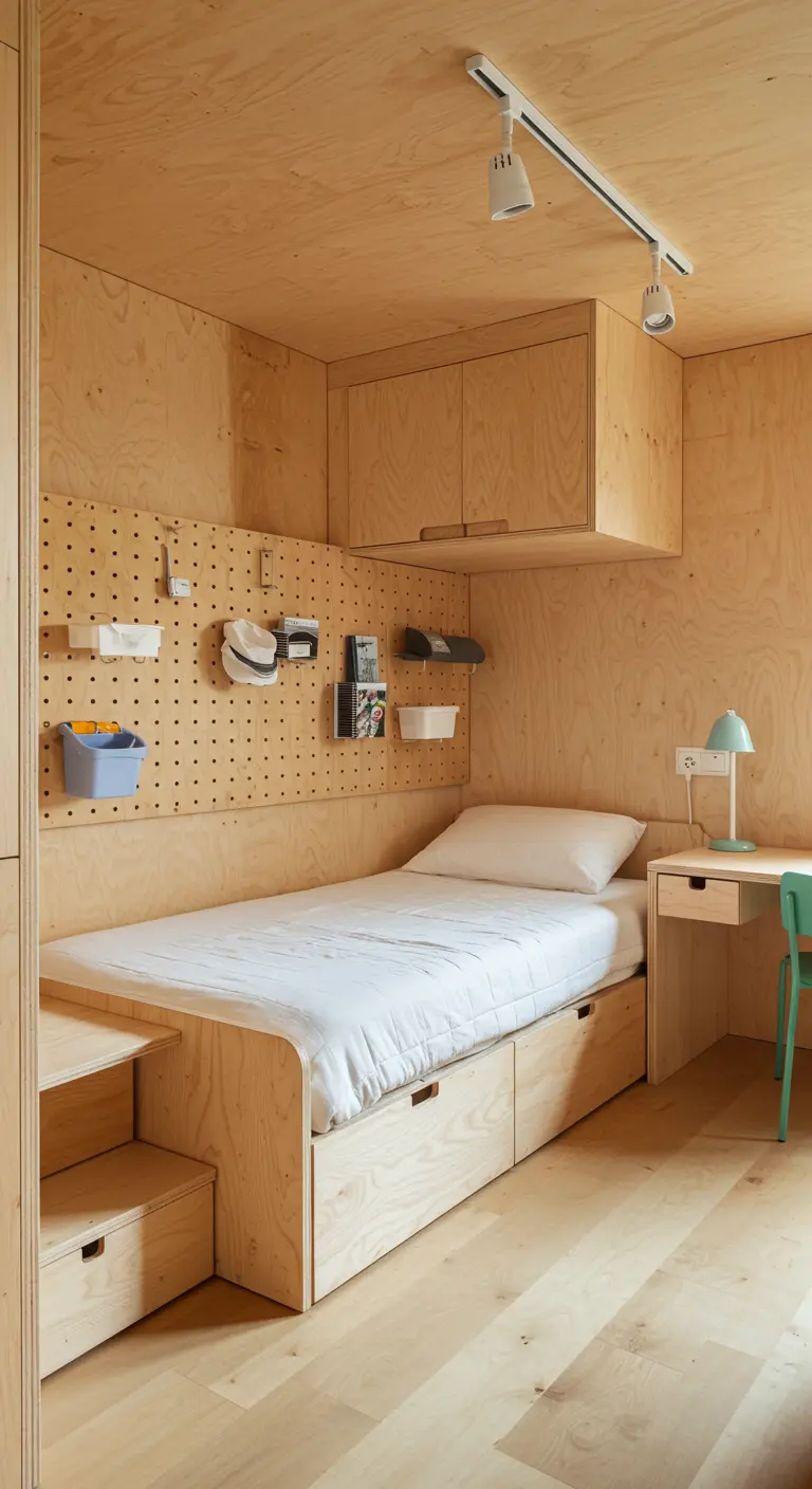Compacte slaapkamer met slimme multiplex oplossingen voor bed en opbergruimte.