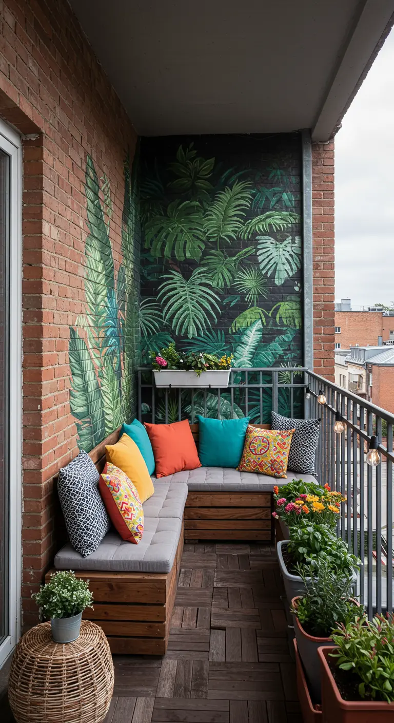 Balkon met houten bank en een muurschildering van grote, groene tropische bladeren.