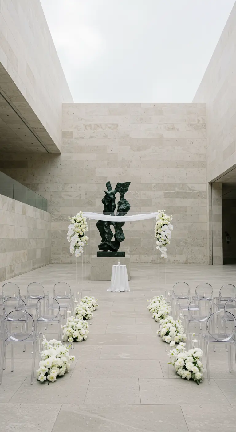Moderne museumceremonie met witte bloemstukken, transparante stoelen en kunstwerk.