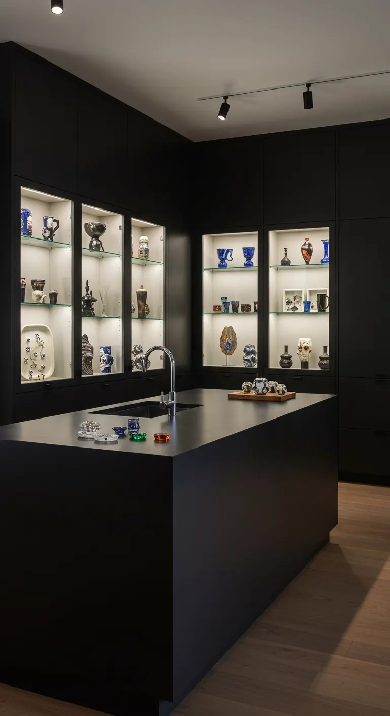 Moderne zwarte keuken met verlichte glazen nissen vol kleurrijk keramiek.