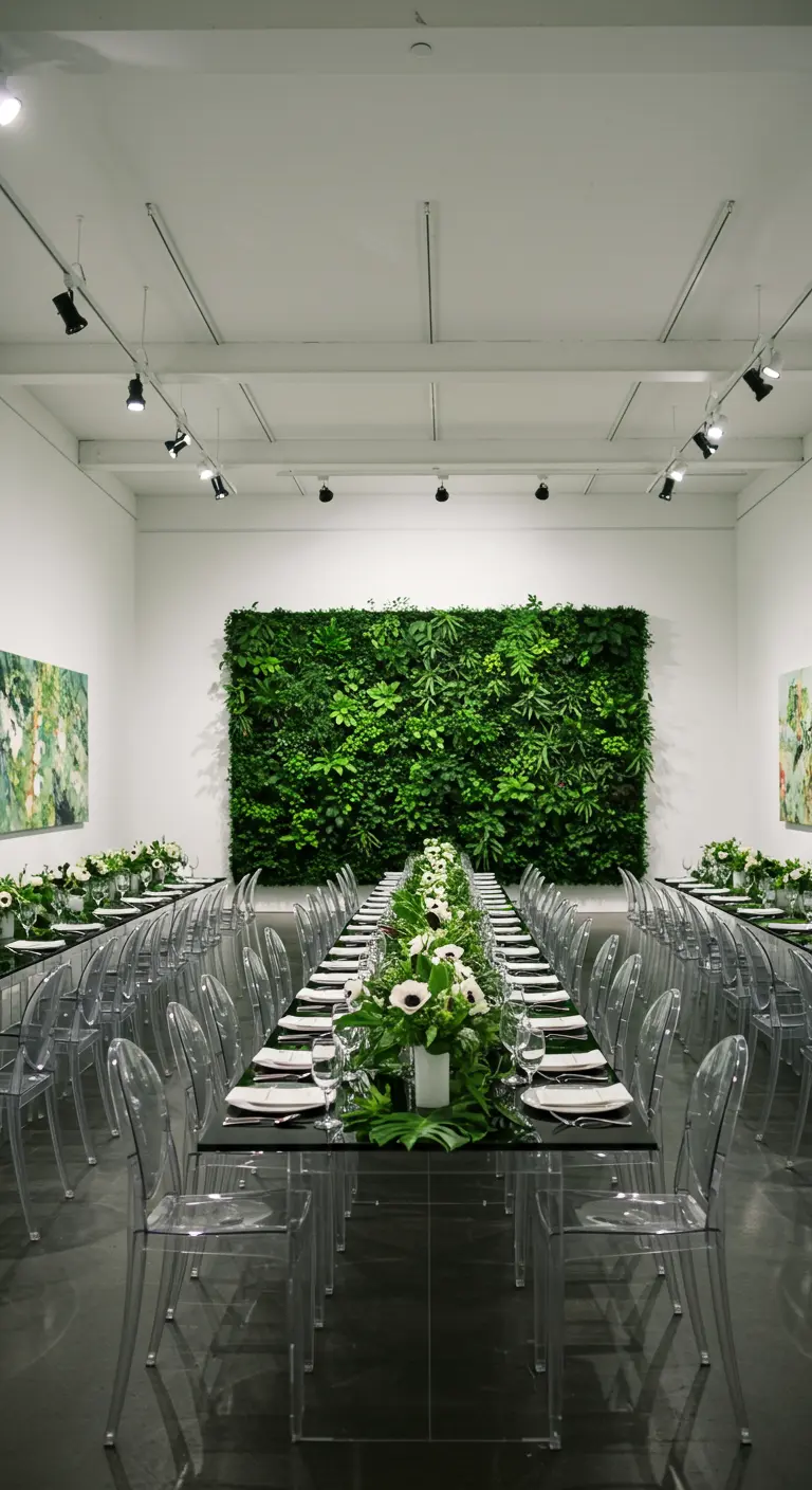 Moderne museumzaal met witte muren, glazen tafels, transparante stoelen en een groene muur.