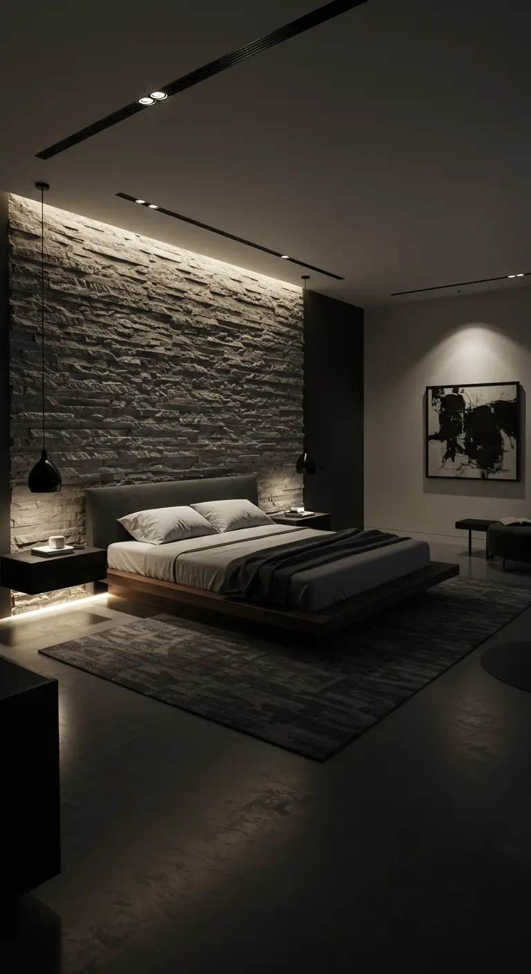 Moderne slaapkamer met sfeervolle accentverlichting op een stenen muur achter het bed.