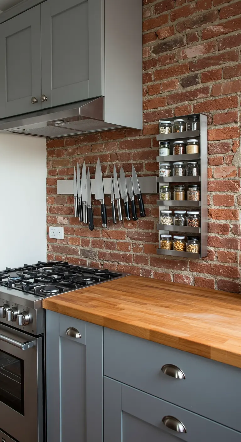 Keuken met grijze kastjes, bakstenen muur, messenmagneet en RVS kruidenrek.