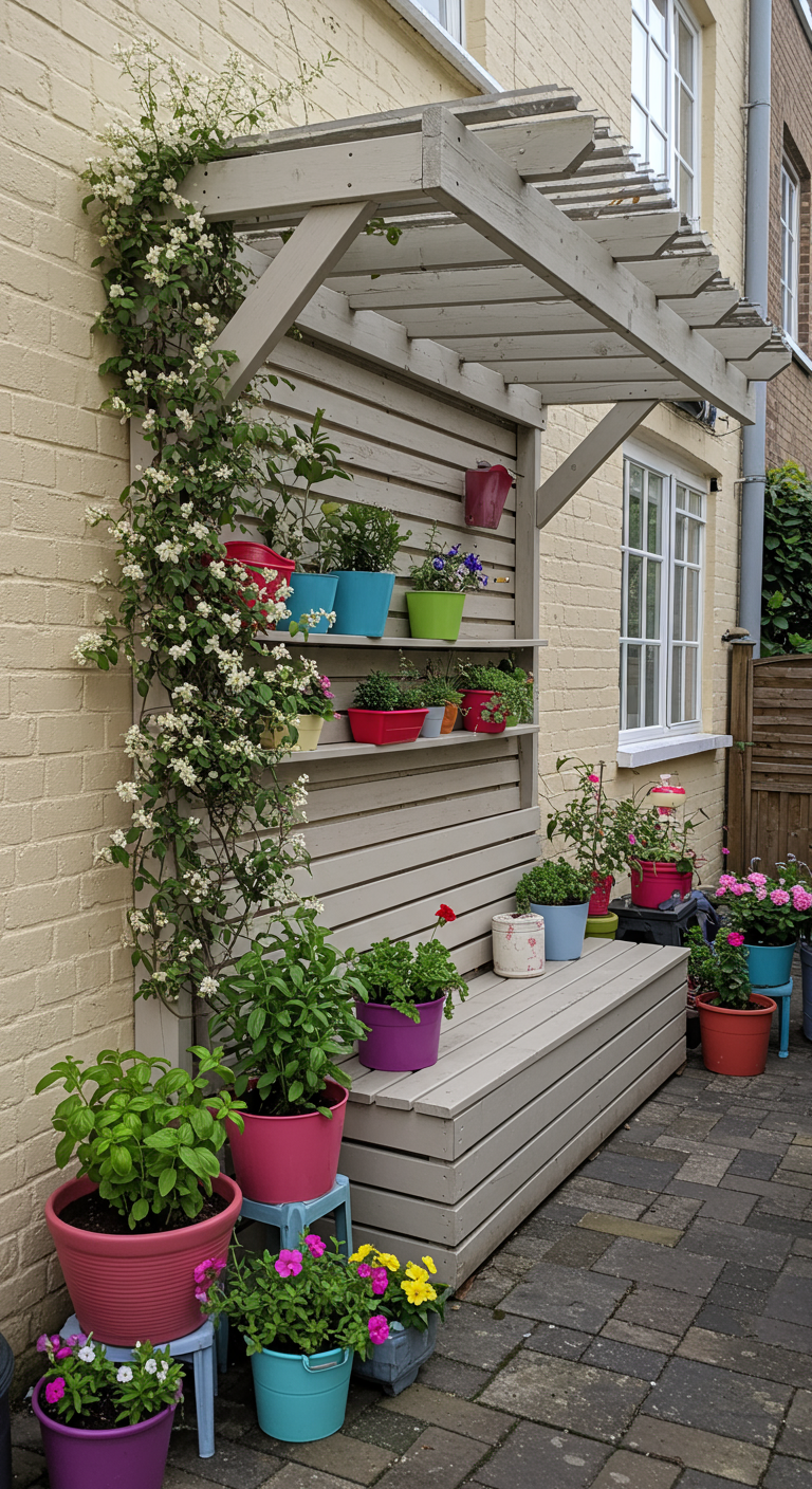 Lichte houten pergola tegen een muur, met bankje, planken en kleurrijke bloempotten.