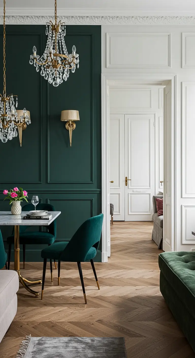 Elegante eethoek met donkergroene accentmuur met lambrisering en klassieke kroonluchters.
