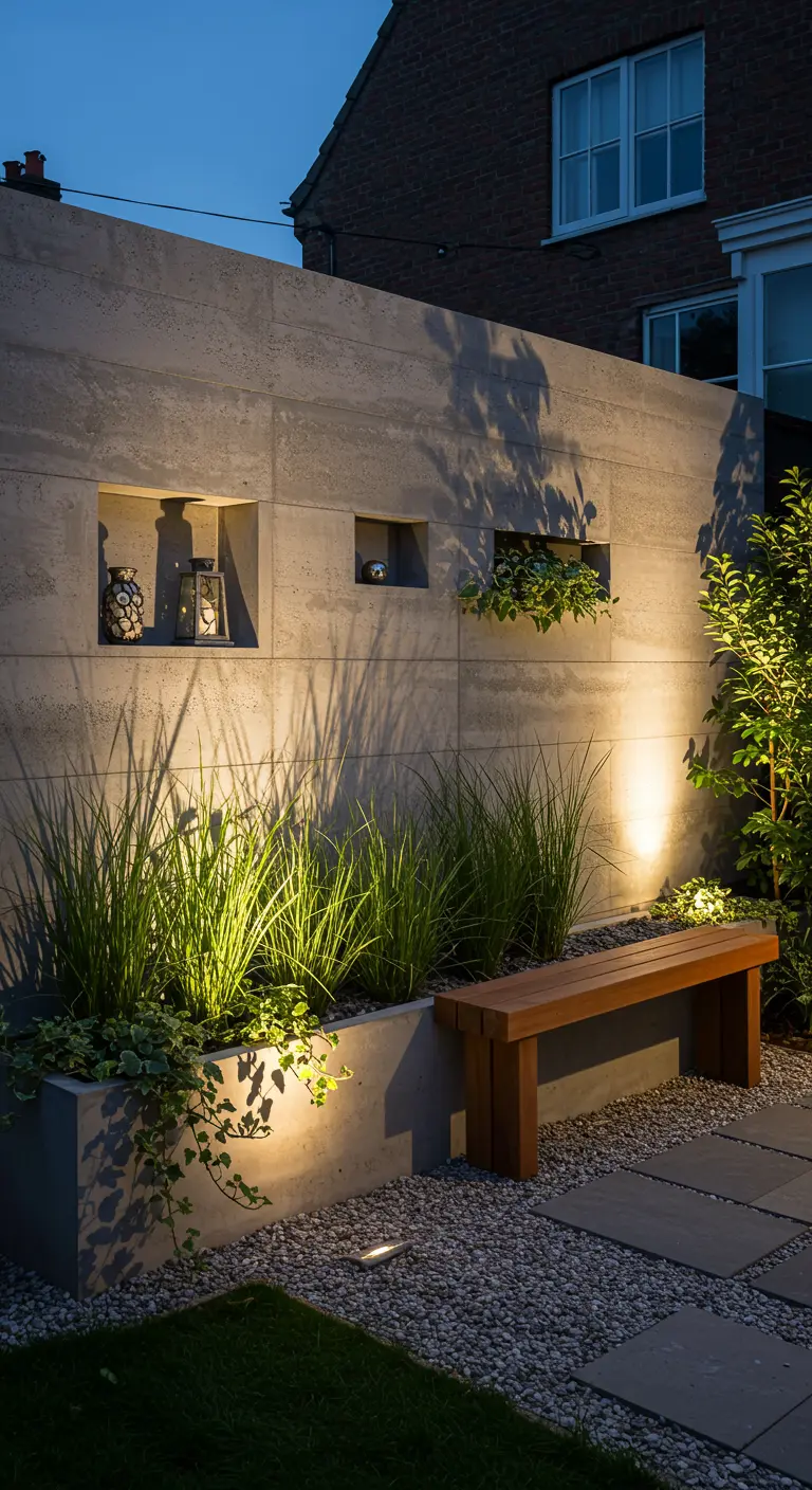 Betonnen tuinmuur met verlichte nissen, ingebouwde plantenbak en houten bankje.