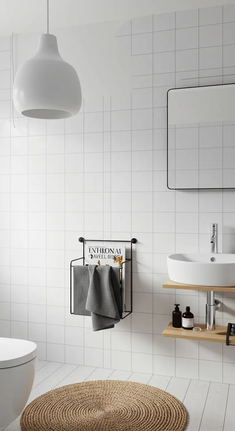 Zwart metalen wandrek voor handdoeken en tijdschriften in een minimalistische badkamer.