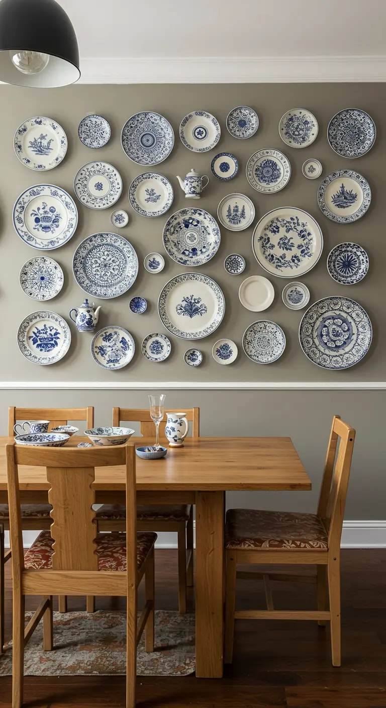 Muur boven een eettafel gedecoreerd met een verzameling blauw-witte porseleinen borden in diverse formaten.