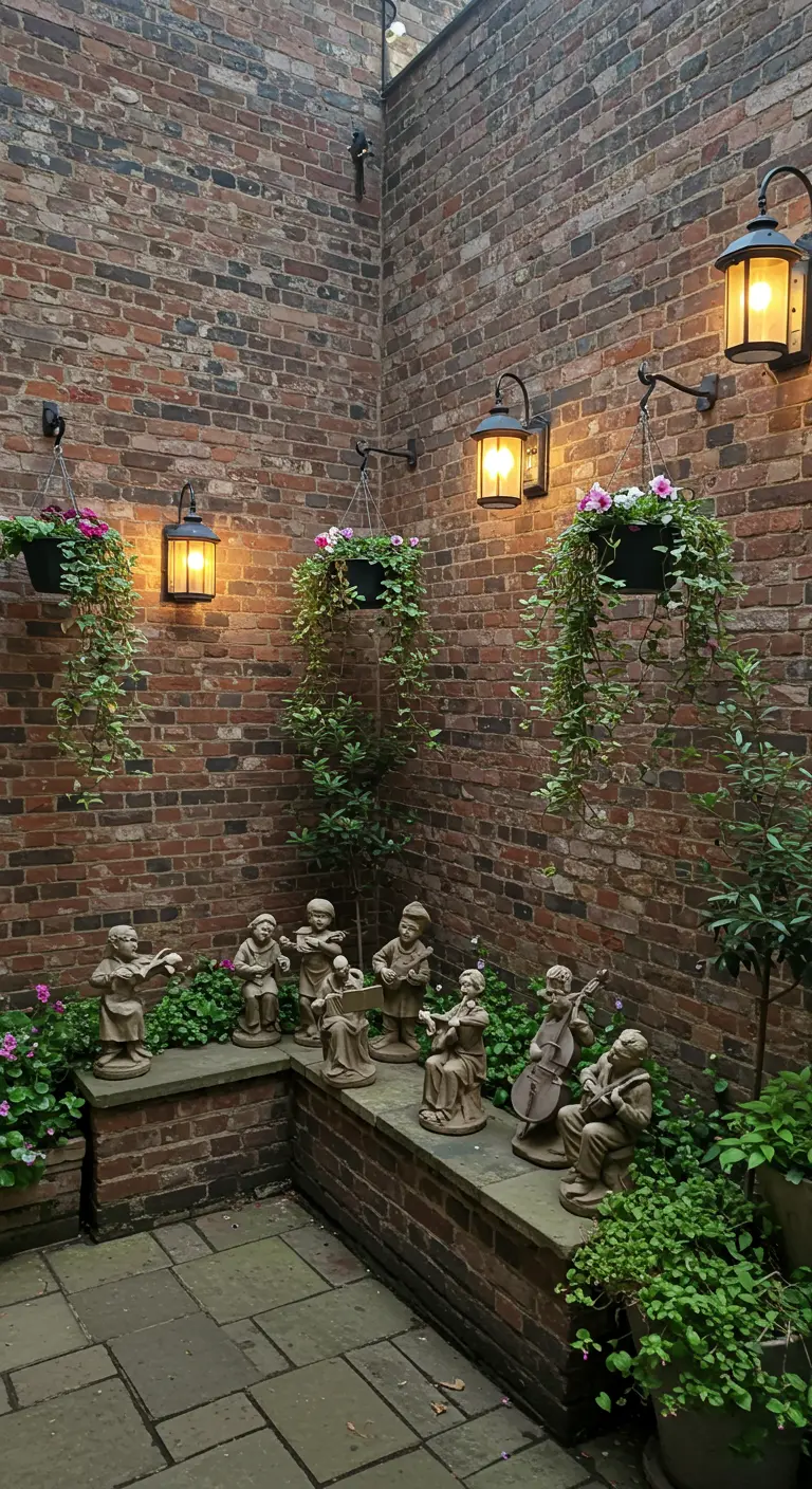Binnenplaats met bakstenen muren, hangplanten, buitenlampen en een rij stenen muzikantenbeeldjes.