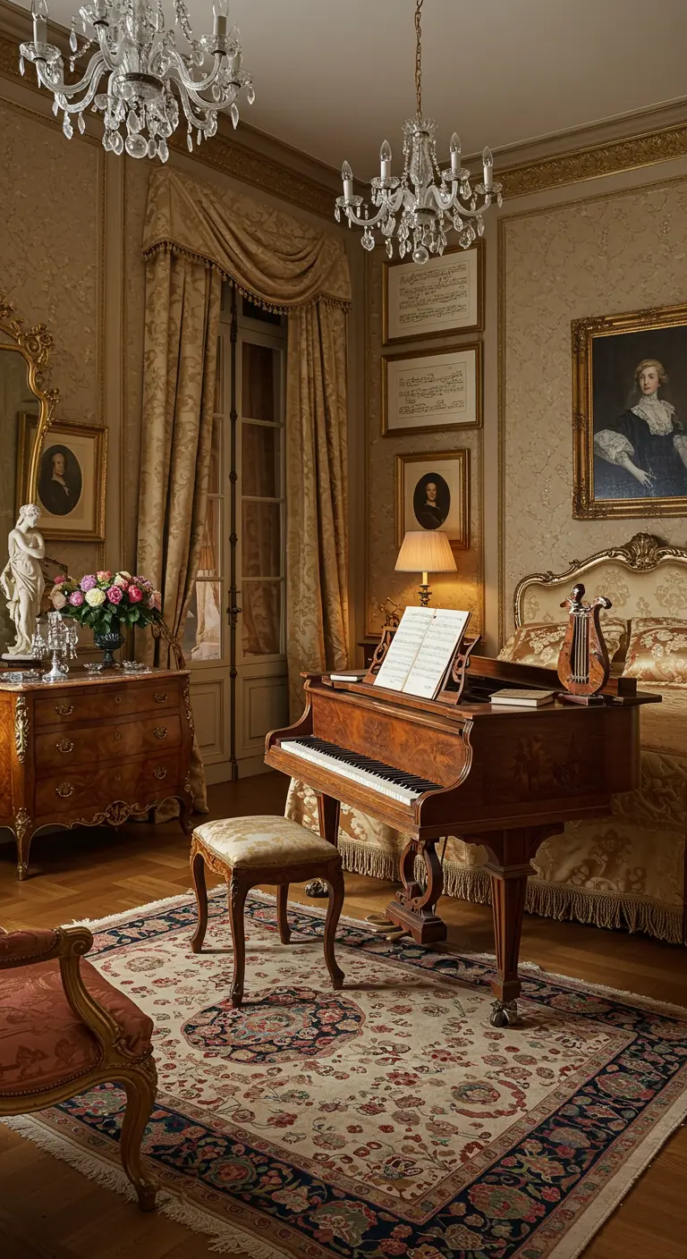 Elegante slaapkamer met een piano, klassieke meubels, gouden accenten en kunstwerken.