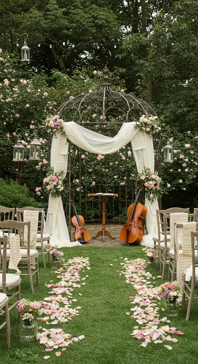 Tuinceremonie met smeedijzeren prieel, bladmuziek, cello, viool en rozenblaadjes.