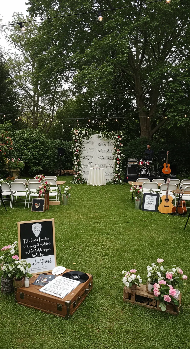Bruiloftsceremonie met muziekthema, inclusief bladmuziek backdrop en gitaren.