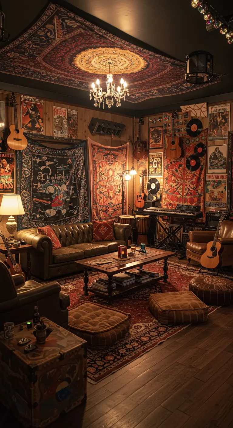 Donkere boho woonkamer/muziekstudio met leren bank, gitaren, posters en tapijten.