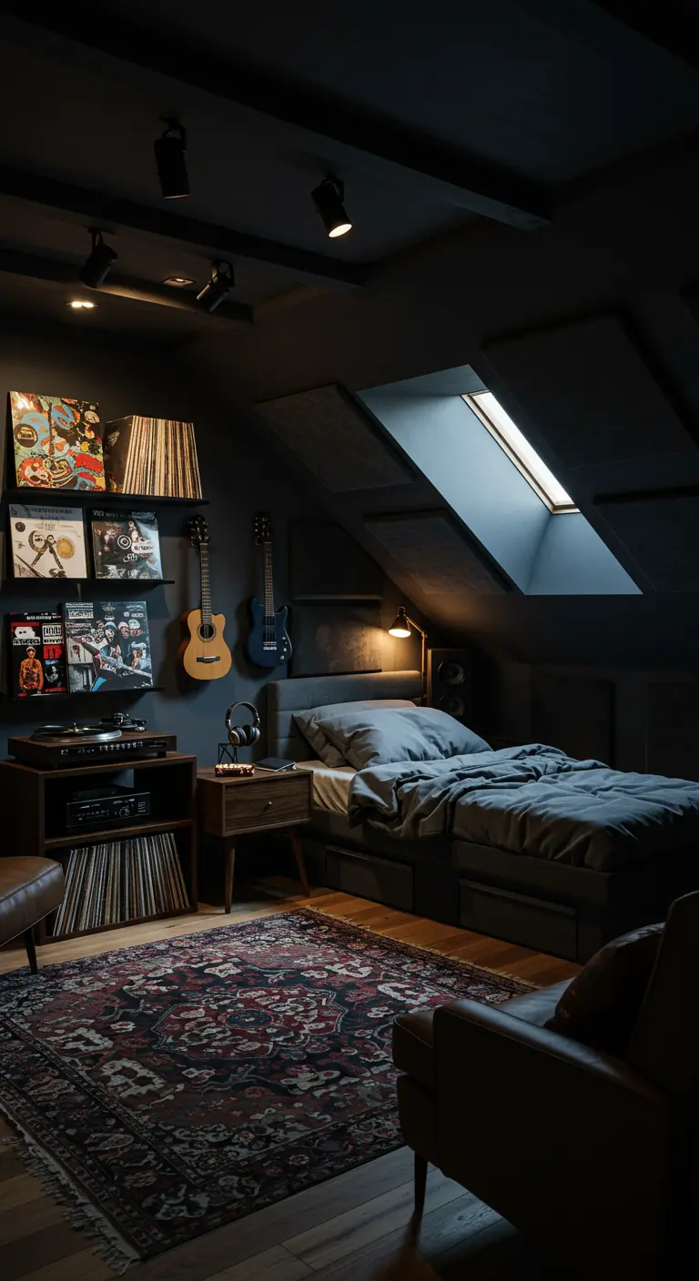 Donkere zolderslaapkamer ingericht als muziekhoek met gitaren en platencollectie.
