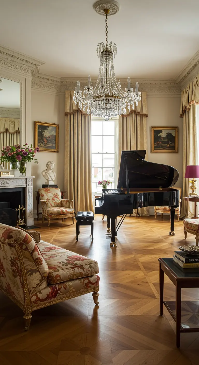 Klassieke salon met vleugelpiano, kroonluchter en antieke meubels.