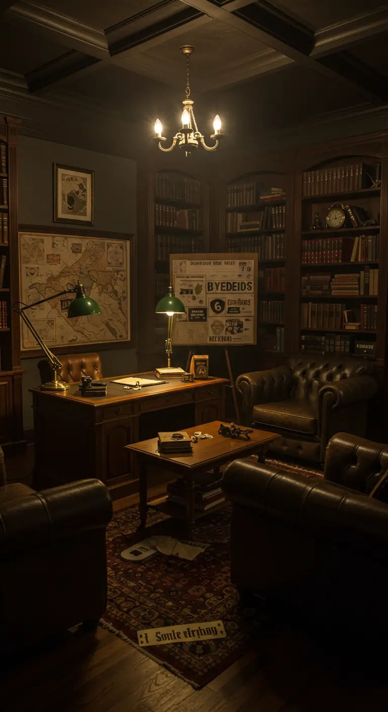 Verjaardagsfeest in een vintage detective studeerkamer met boeken en leer.