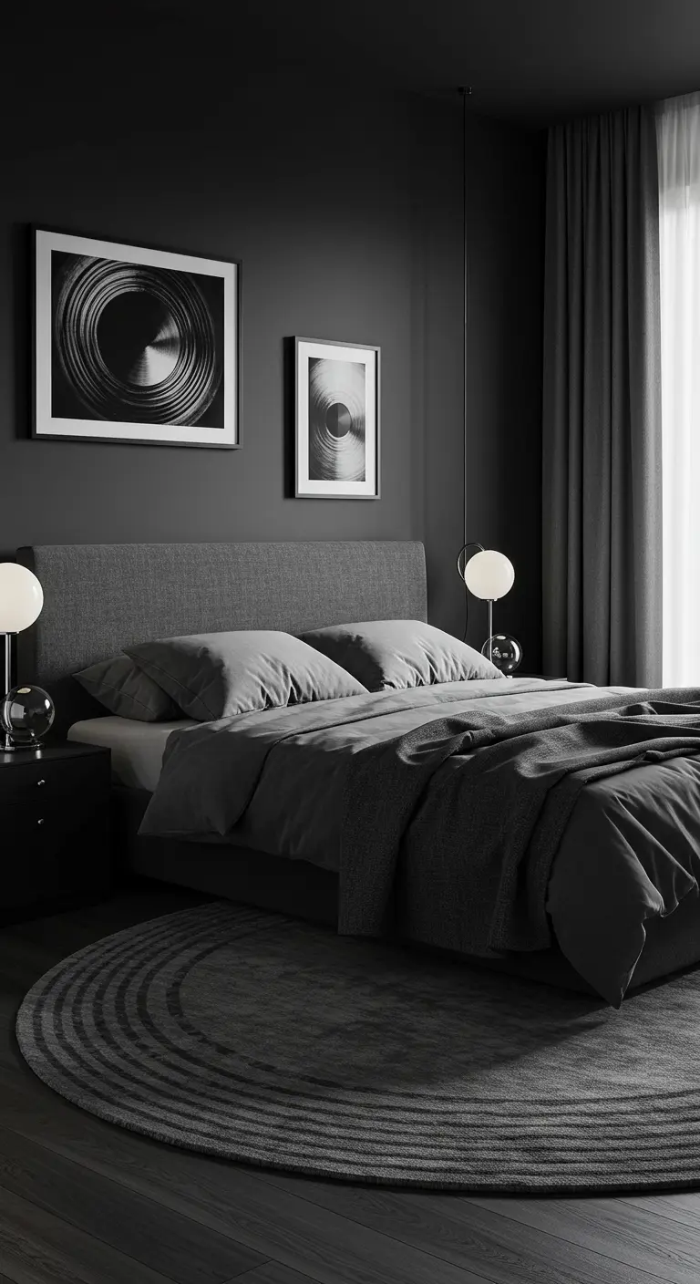 Donkere monochrome slaapkamer met rond vloerkleed, ronde lampen en cirkelkunst.