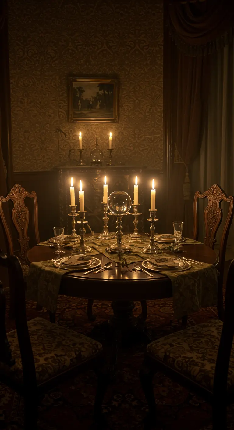 Victoriaanse eettafel met kandelaars en kristallen bol.