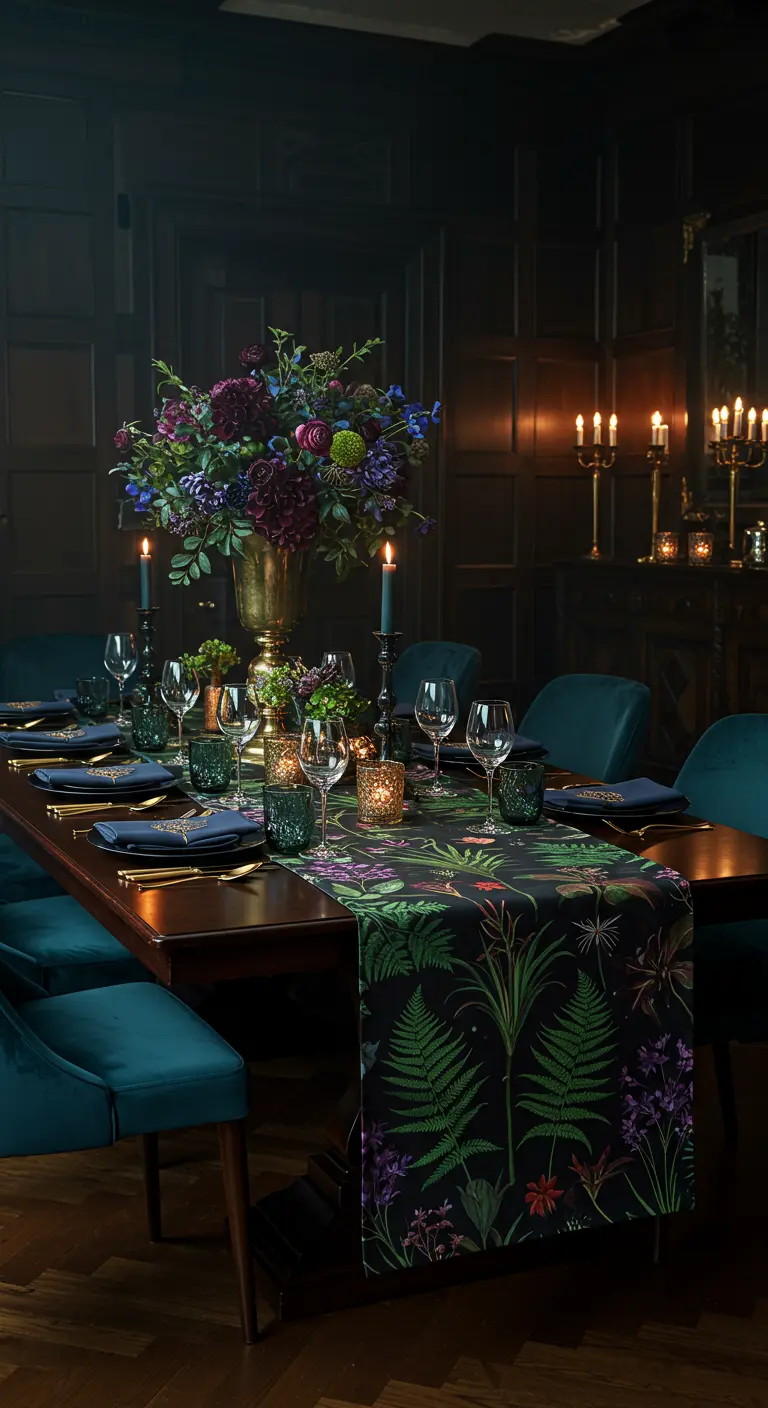 Chique gedekte tafel met donkere botanische tafelloper, velvet stoelen en kaarslicht.