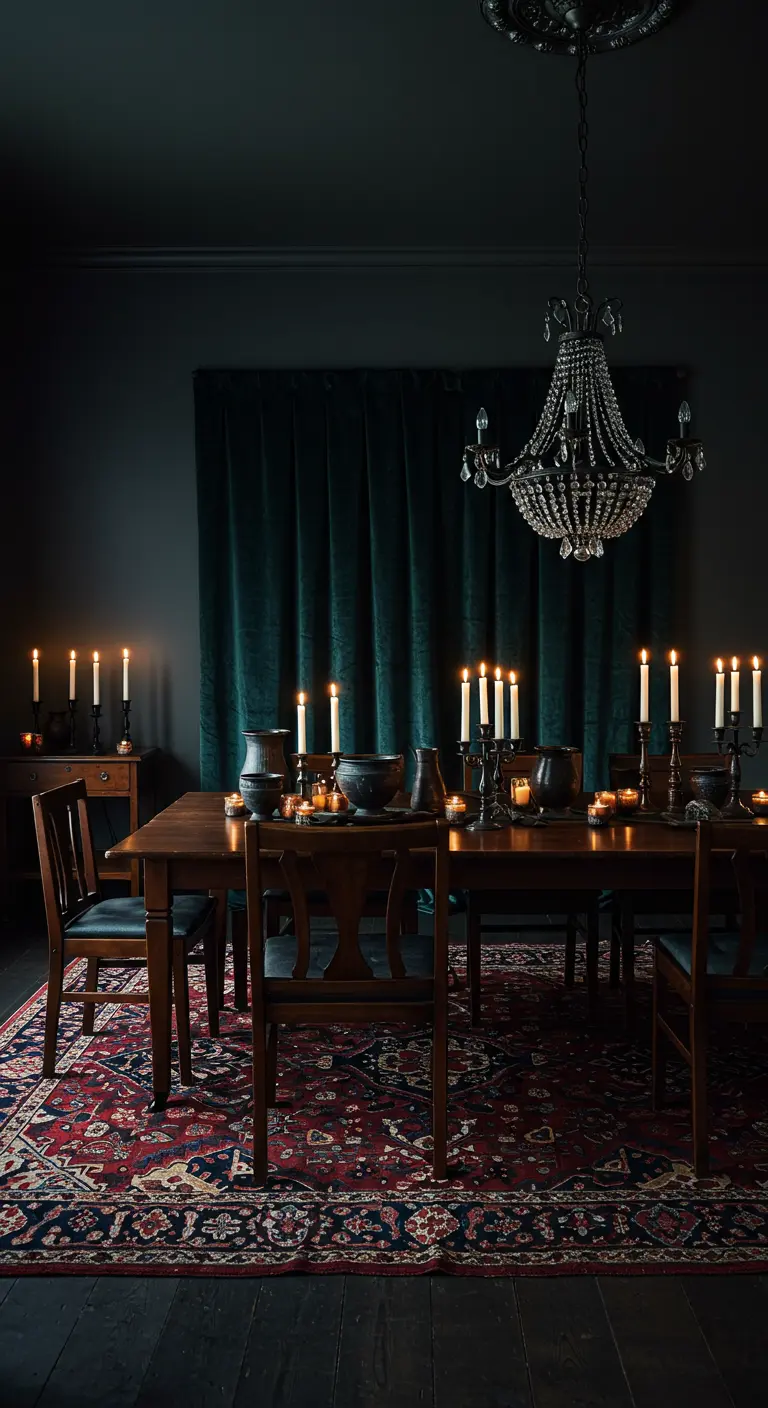 Donkere, sfeervolle eetkamer met Perzisch tapijt, kroonluchter en veel kaarslicht.