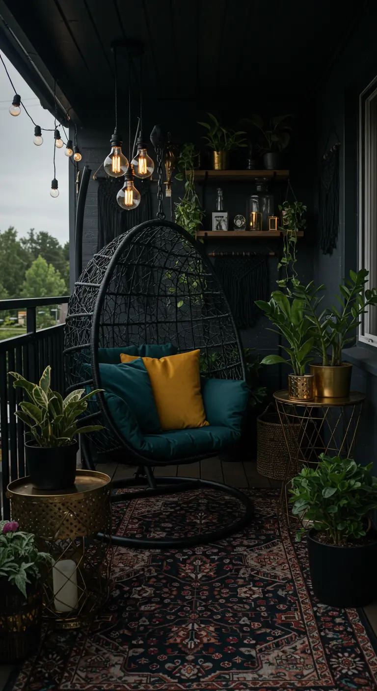Zwarte egg chair op donker balkon met gouden accenten, donkere kussens en sfeerverlichting.