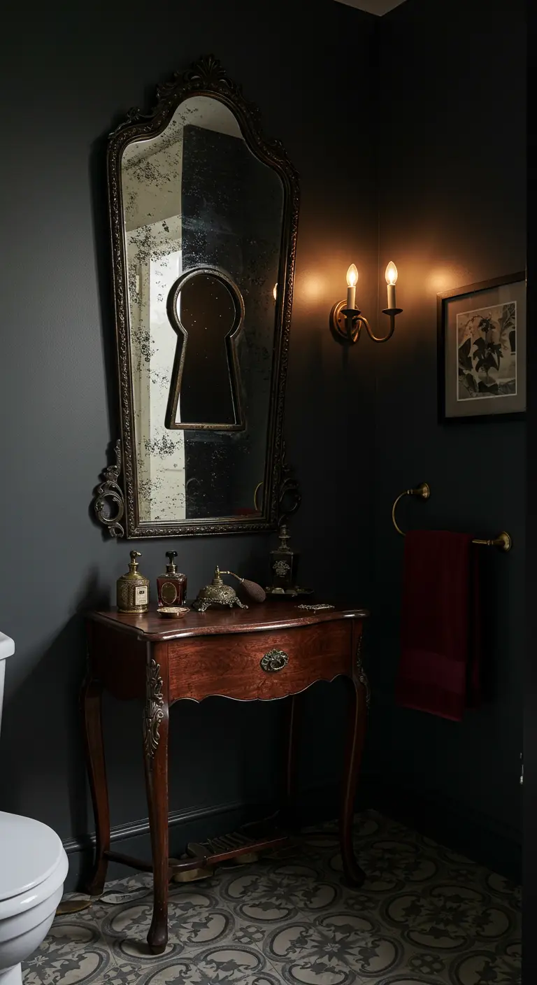 Donkere badkamer met een antieke spiegel met een sleutelgat uitsparing.