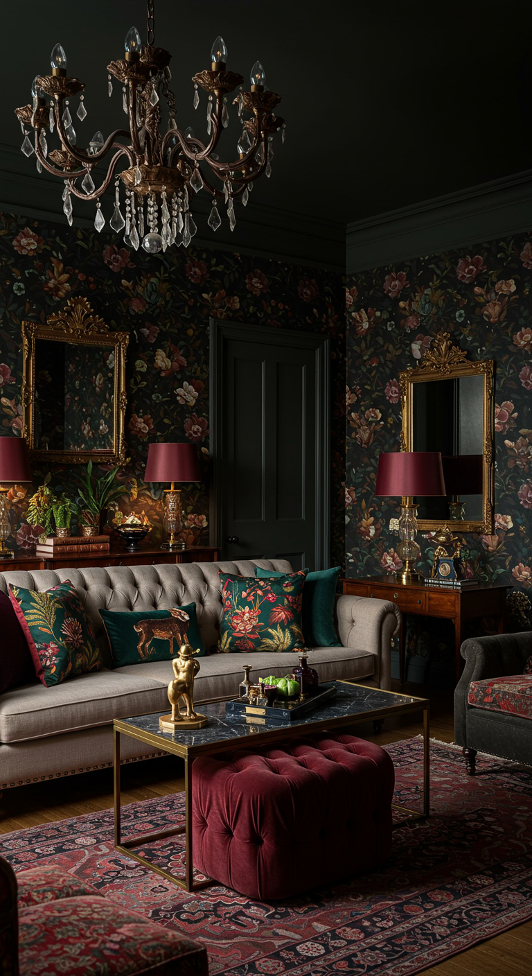 Woonkamer met donker bloemenbehang, neutrale bank en gekleurde fluwelen kussens en poef.