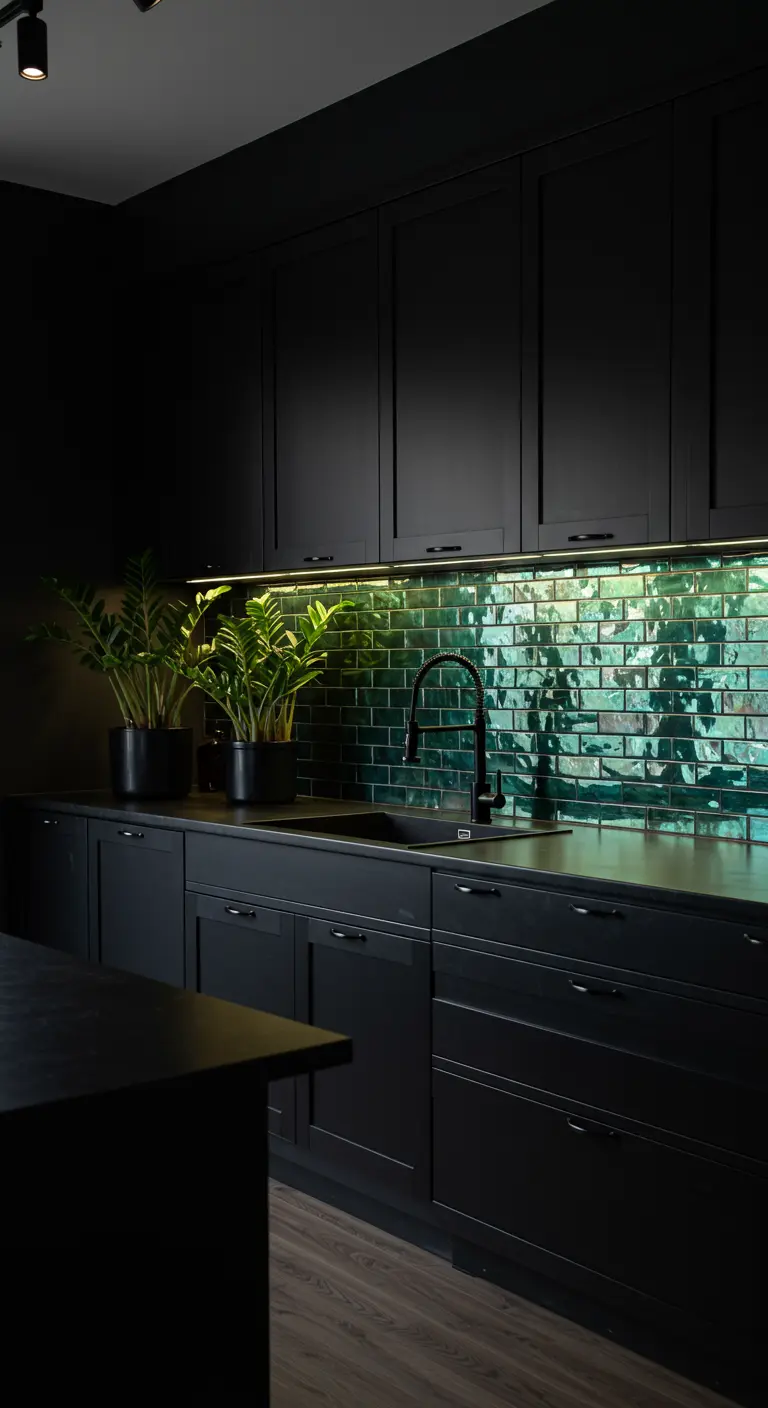Zwarte keuken met een achterwand van donkergroene glanzende tegels en sfeerverlichting.