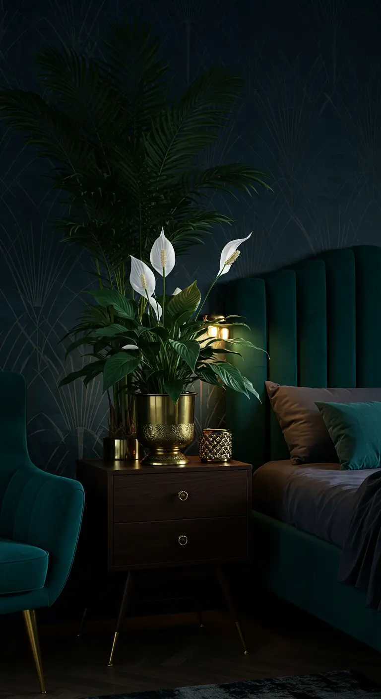 Donkere, sfeervolle slaapkamer met een Lepelplant in een gouden pot op het nachtkastje.