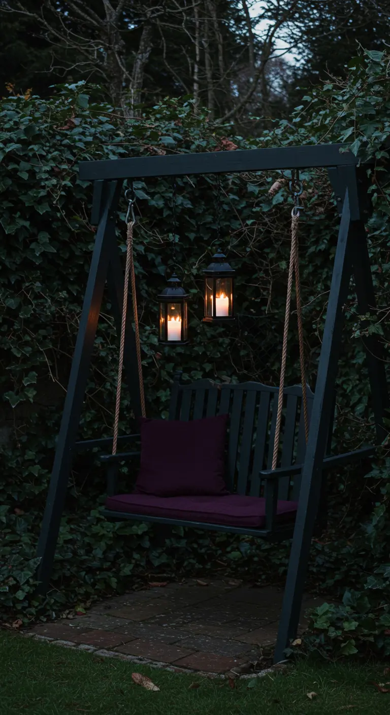 Donkergroen A-frame schommel met paars kussen en brandende lantaarns in een groene tuin.