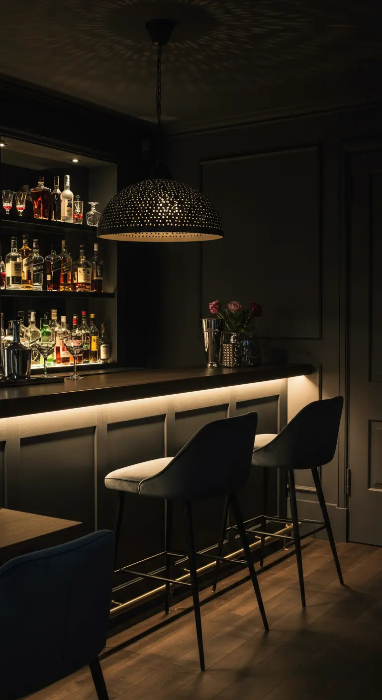 Donkere thuisbar met een grote geperforeerde hanglamp die een patroon projecteert.