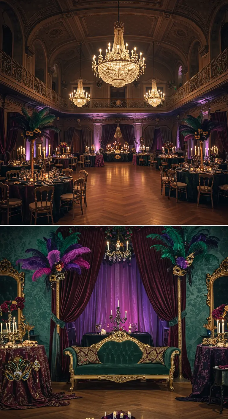 Masquerade ball thema met paars, goud, veren en maskers.