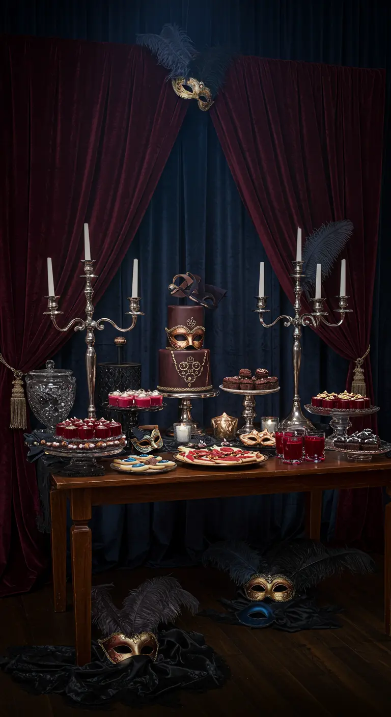 Masquerade ball desserttafel met fluwelen gordijnen, kandelaars en maskers.
