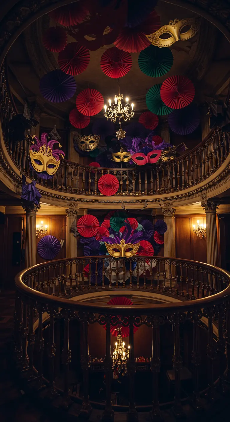 Balzaal gedecoreerd voor een maskerbal met donkergekleurde papieren waaiers en maskers.
