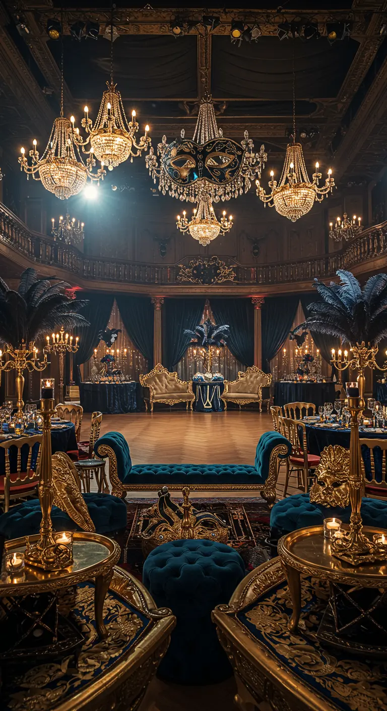 Opulente balzaal met kroonluchters, maskers en goudaccenten voor een Venetiaans bal.