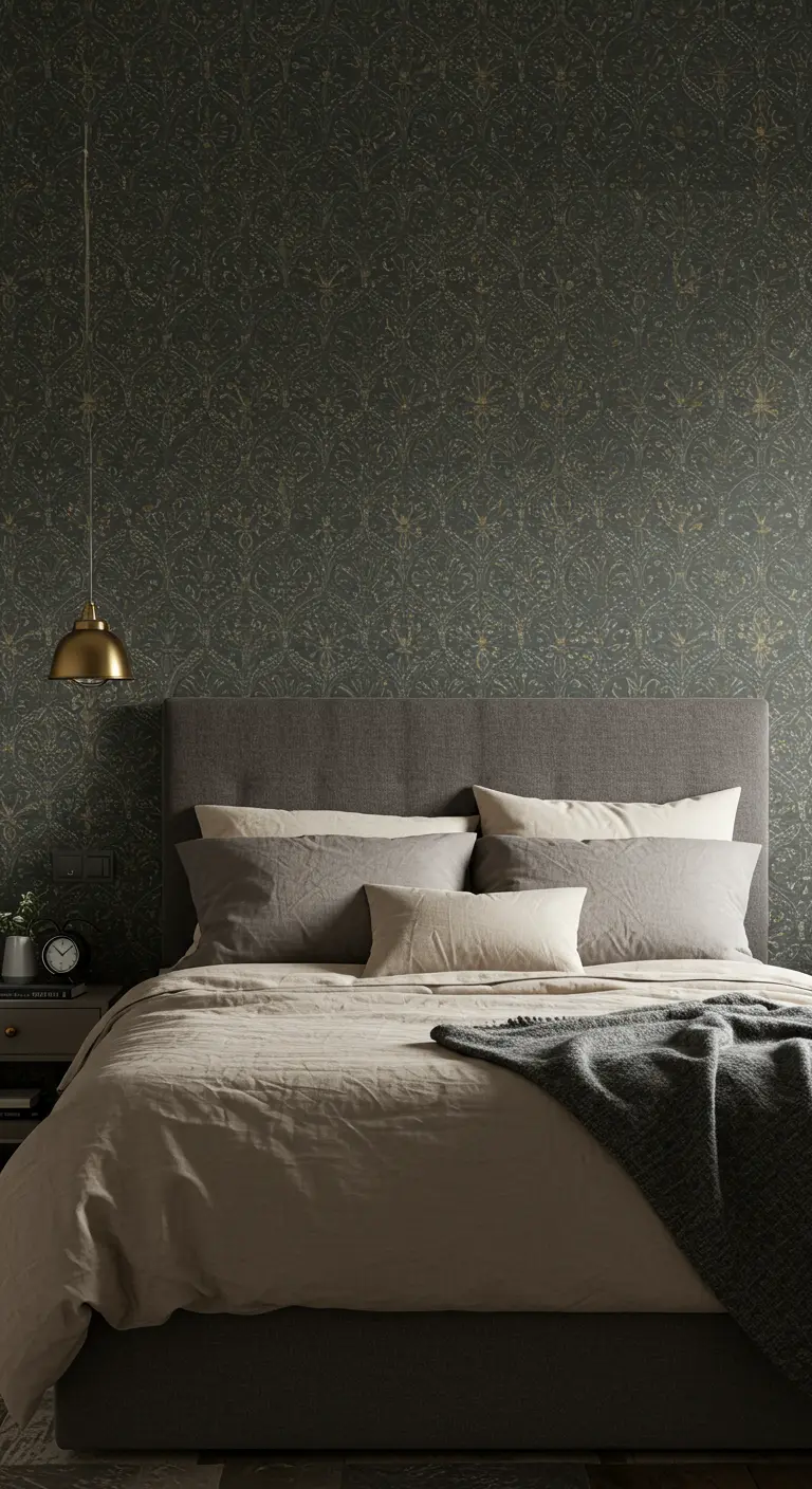 Bed met grijs linnen tegen een donkergroen gedessineerd behang, met een messing hanglamp.